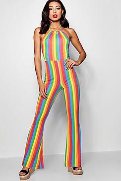 Boohoo Rainbow Stripe Flare Leg Jumpsuit