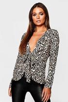 Boohoo Tiger Print Tie Front Blouse
