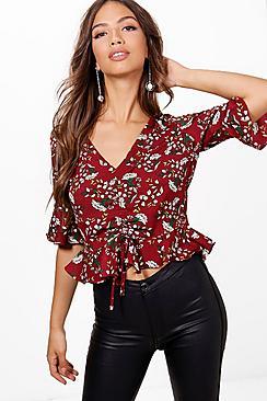 Boohoo Fiona Ruched Front Floral Blouse