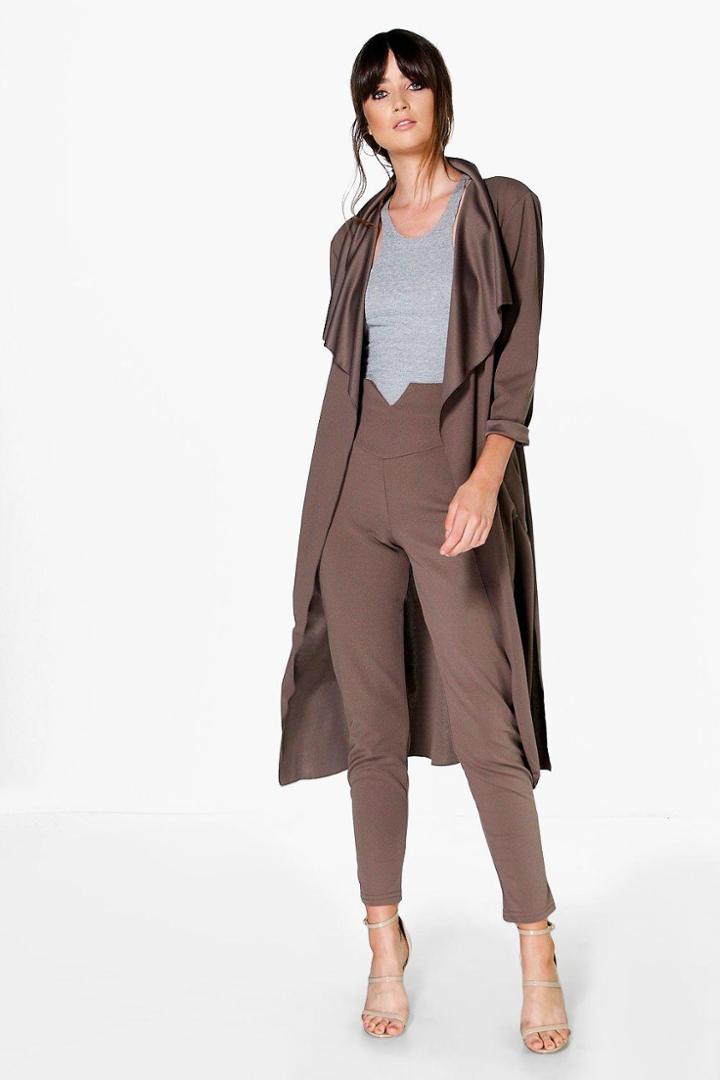 Boohoo Kat Shawl Collar Belted Scuba Crepe Duster Mocha