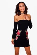 Boohoo Dea Off Shoulder Floral Applique Bodycon Dress Black