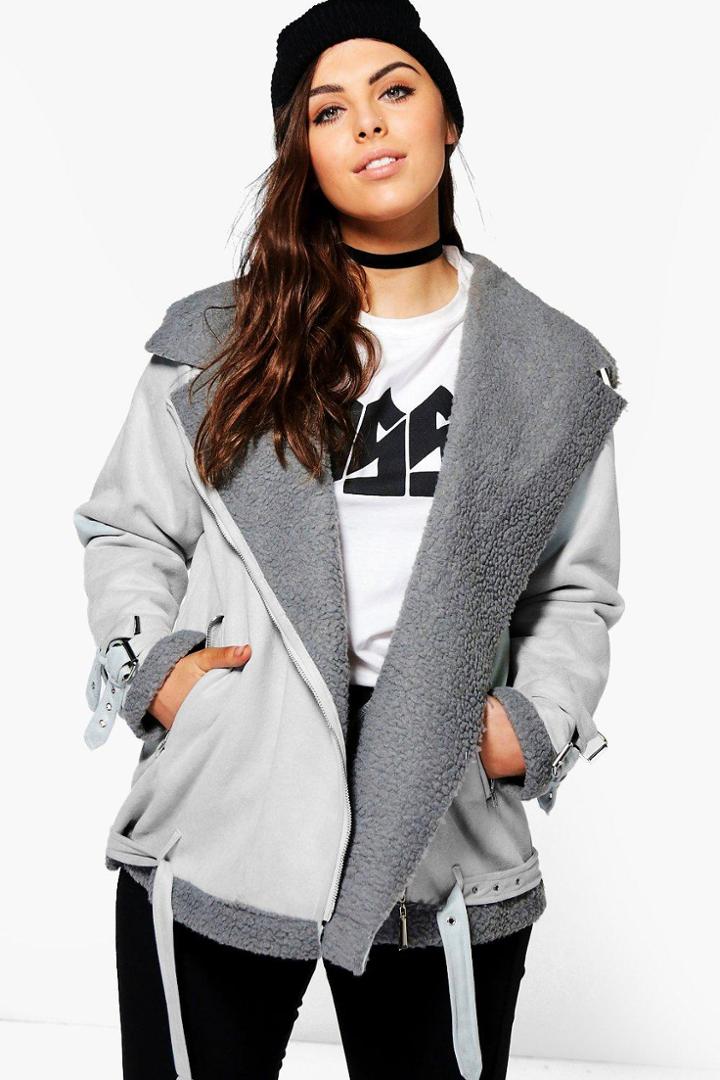 Boohoo Plus Francesca Bonded Aviator Jacket Grey