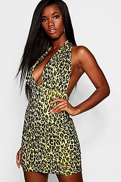 Boohoo Animal Button Through Plunge Mini Dress