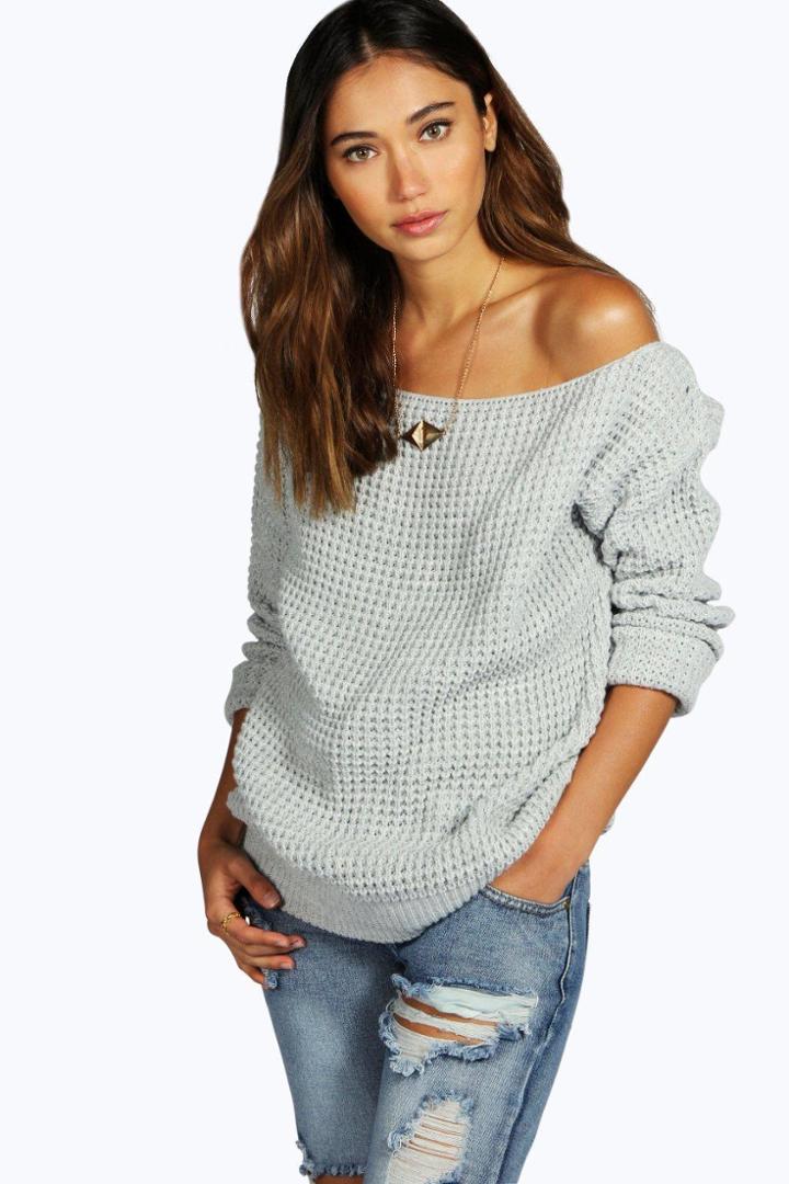 Boohoo Rose Waffle Knit Slash Neck Jumper Silver