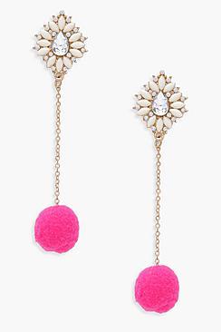 Boohoo Elle Floral Diamante And Pom Earrings