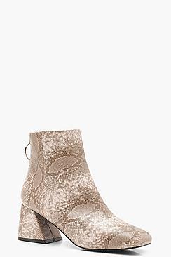 Boohoo Snake Low Flare Block Heel Shoe Boots