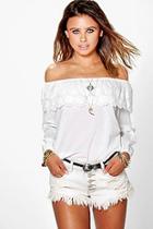 Boohoo Petite Mia Cotton Embroidered Bardot Top