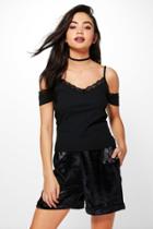 Boohoo Gabriella Ribbed Lace Trim Cold Shoulder Top Black