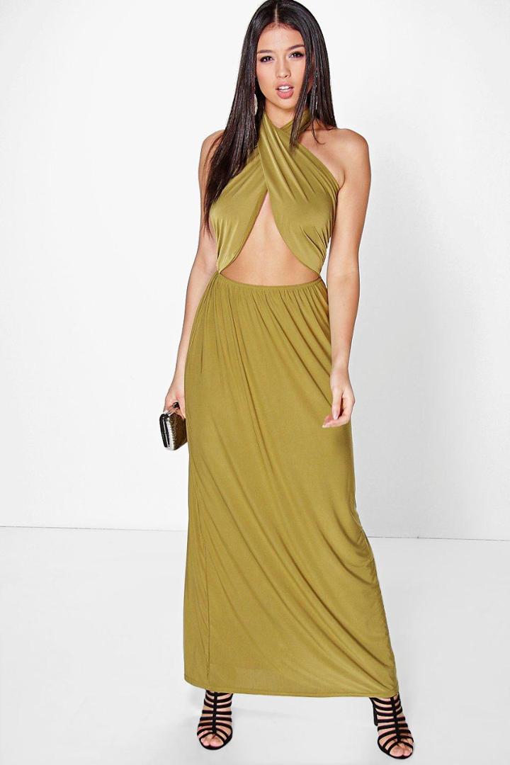 Boohoo Cara Twist Front Halterneck Maxi Dress Olive