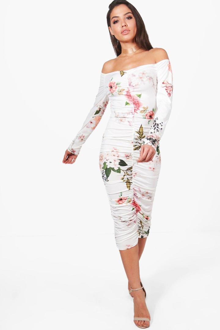 Boohoo Fiona Floral Off Shoulder Midi Dress Multi