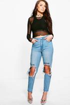 Boohoo Hannah High Waist Embroidered Slim Fit Moms Jeans Blue
