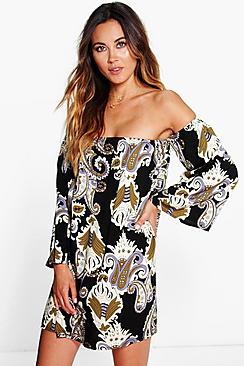 Boohoo Melissa Paisley Off The Shoulder Swing Dress