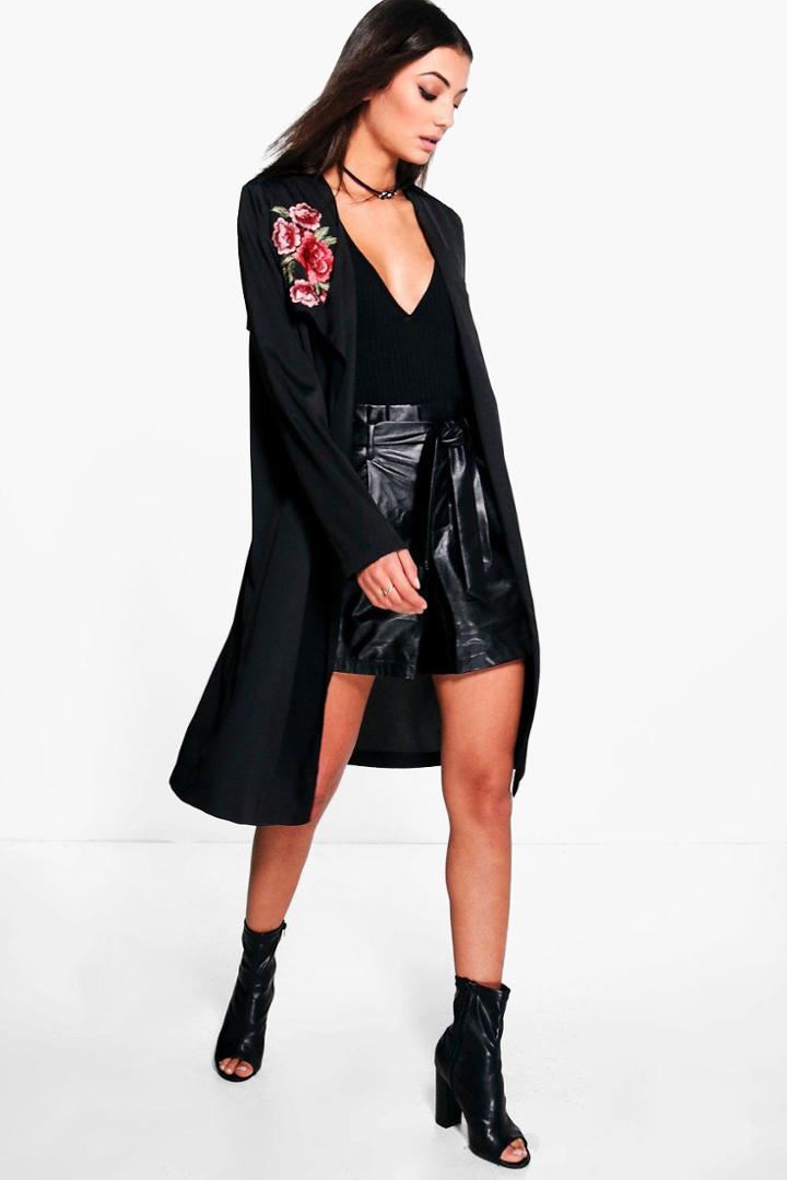 Boohoo Tall Arielle Embroidered Duster Jacket Black
