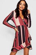 Boohoo Chocolate Stripe Long Sleeve Wrap Tea Dress