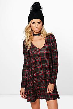 Boohoo Corine Check High Neck Swing Dress