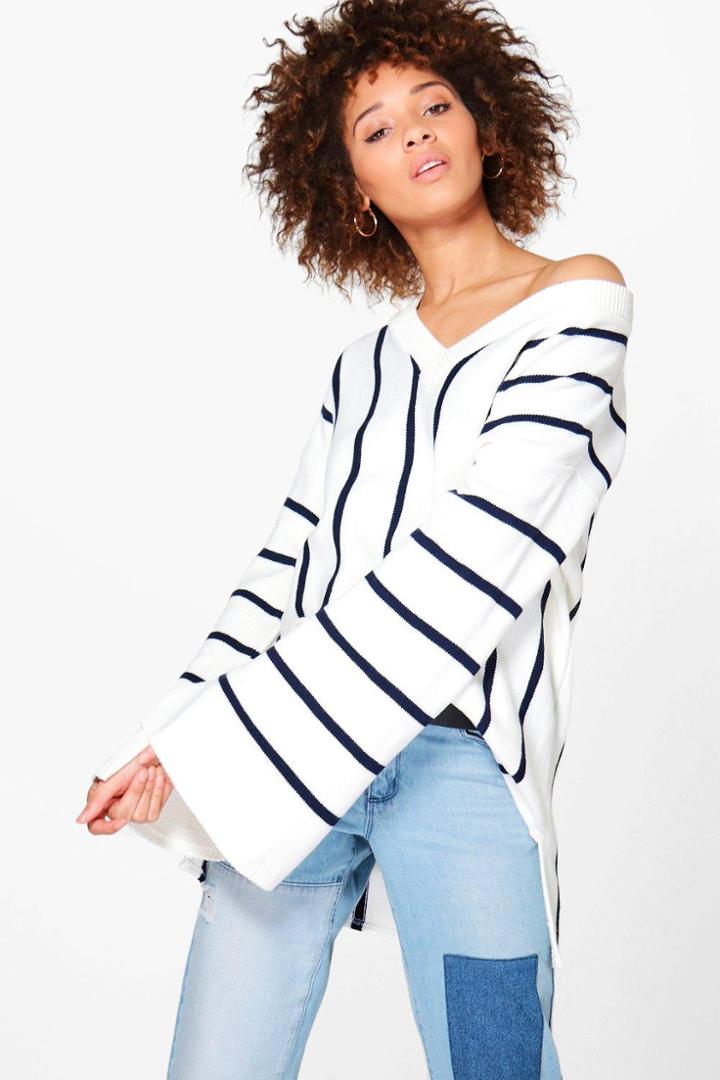 Boohoo Justine Wide Sleeve Striped Oversized Jumper White