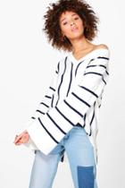 Boohoo Justine Wide Sleeve Striped Oversized Jumper White