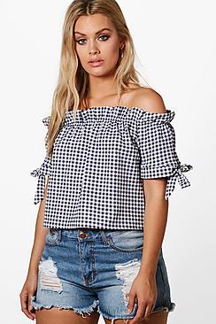 Boohoo Plus Alicia Off The Shoulder Gingham Tie Sleeve Top
