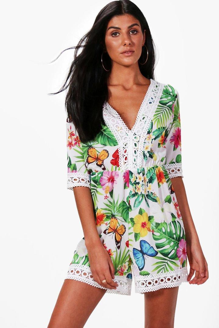 Boohoo Elle Floral Print Crochet Trim Playsuit Multi