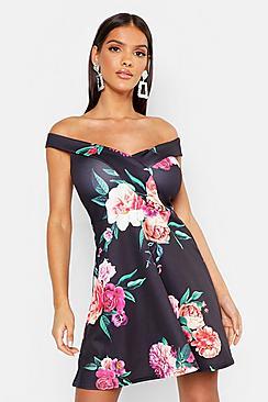 Boohoo Bardot Sweetheart Floral Skater Dress