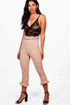 Boohoo Elyssa Ruffle Hem & Waist Skinny Crepe Trousers Stone