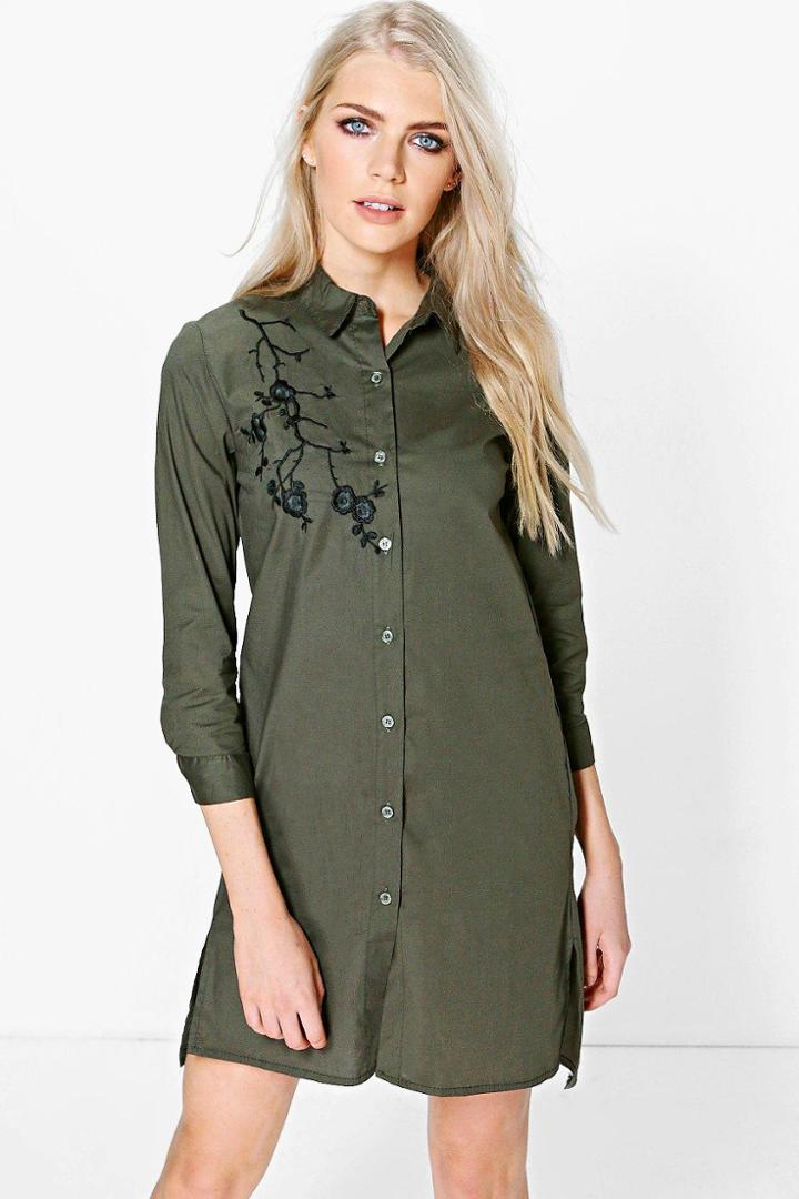 Boohoo Lolita Oriental Embroidary Shirt Dress Khaki
