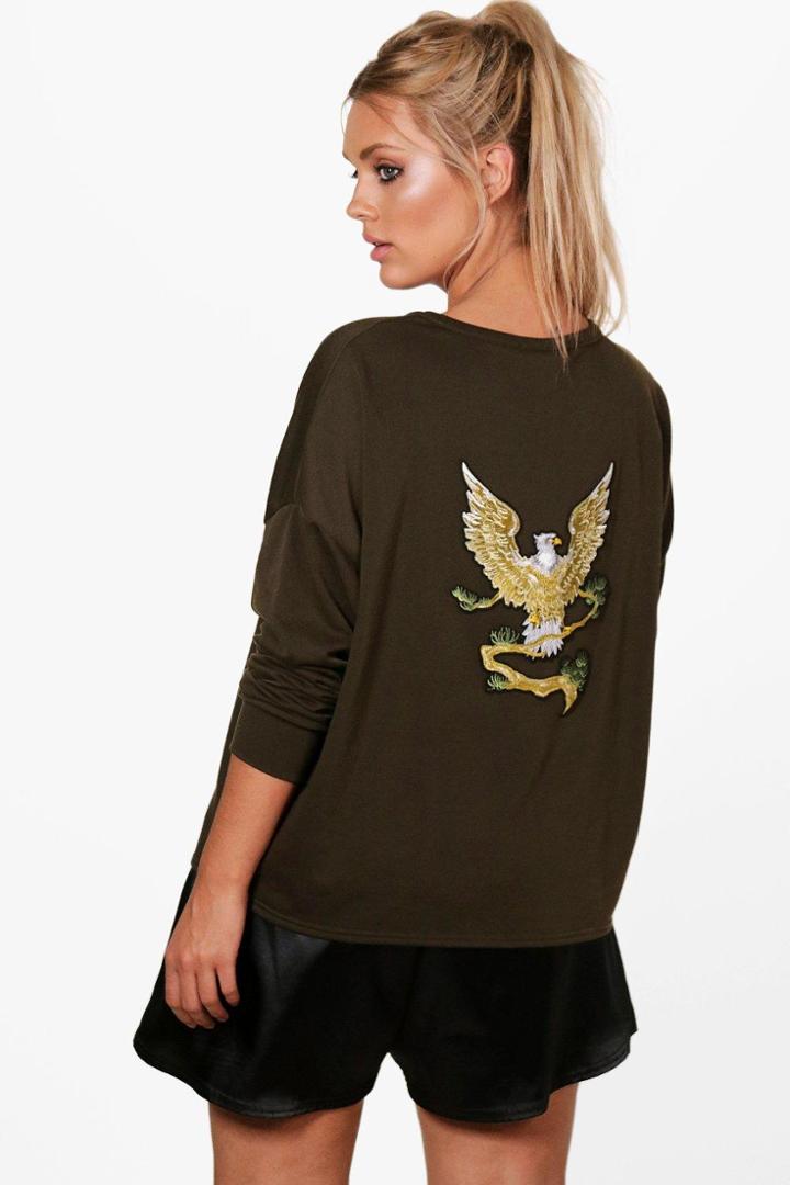 Boohoo Plus Grace Eagle Back Sweat Top Khaki