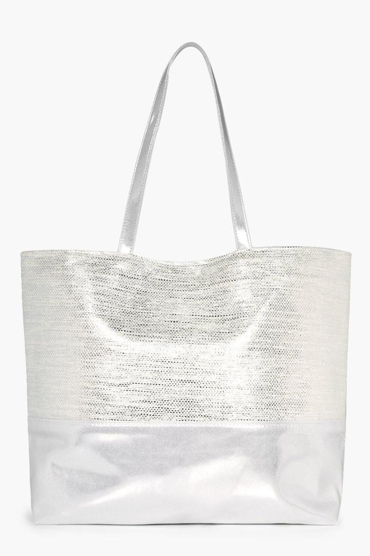 Boohoo Hope Metallic Straw Beach Bag Silver