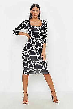 Boohoo Geo Giraffe Deep Plunge Scoop Neck Bodycon Dress