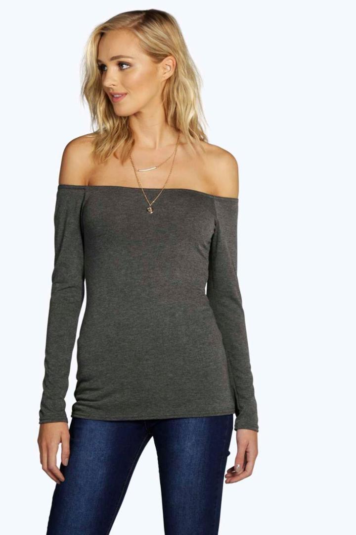 Boohoo Tall Shirley Off The Shoulder Tee Charcoal