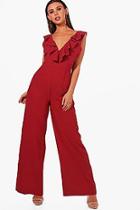 Boohoo Petite Paige Open Back Ruffle Detail Jumpsuit