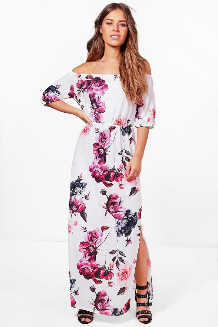 Boohoo Petite Emma Floral Bardot Maxi Dress White