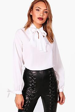 Boohoo Leah Tie Neck & Cuff Blouse