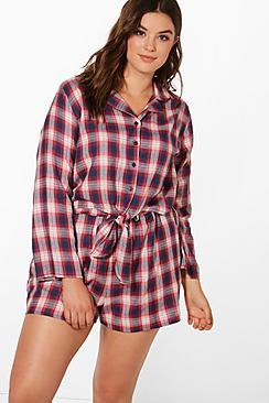 Boohoo Plus Becca Checked Shirt And Short Pj Set