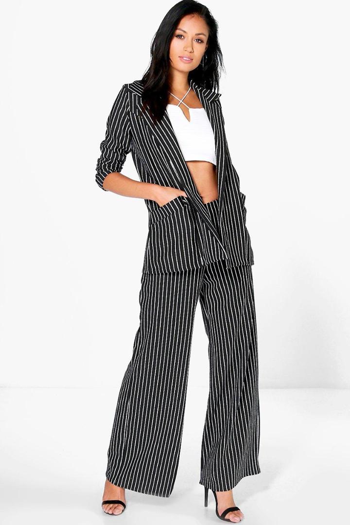 Boohoo Amelie Pinstripe Wide Leg Trousers Black