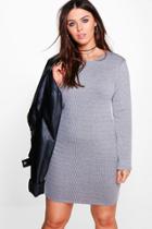 Boohoo Plus Sarah Ribbed Long Sleeve Bodycon Dress Grey