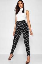 Boohoo Polka Dot Woven Tie Waist Tapered Trousers