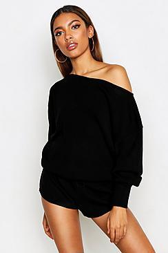 Boohoo Slash Neck Knitted Short Set