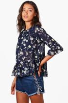 Boohoo Tall Bethany Floral Lace Up Ruffle Woven Blouse Blue
