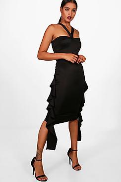 Boohoo Eve Strappy Front Ruffle Side Midi Dress