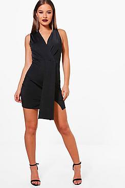 Boohoo Petite Lianne Wrap Asymmetric Split Leg Dress