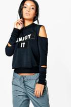 Boohoo Erin Enjoy It Sequin Patch Cut Sleeve Sweat Black