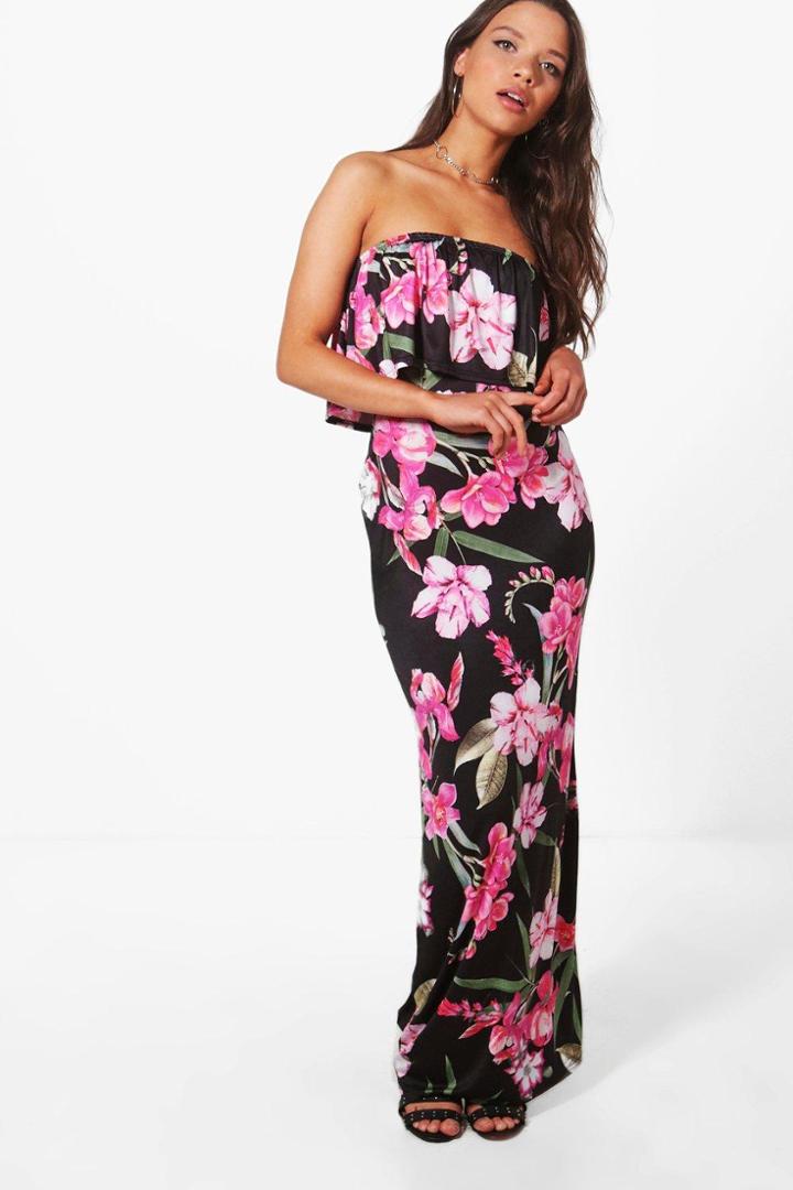 Boohoo Nicole Tropical Floral Bandeau Maxi Dress Black