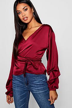 Boohoo Stripe Wrap Tie Detail Balloon Sleeve Blouse