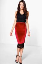 Boohoo Kiah Lace Hem Velvet Midi Skirt Cherry