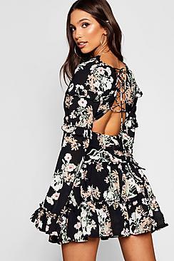 Boohoo Floral Frill Detail Open Back Skater Dress