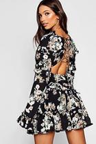 Boohoo Floral Frill Detail Open Back Skater Dress