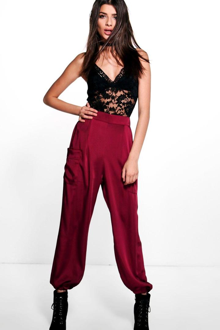 Boohoo Mya Satin Pocket Side Luxe Joggers Aubergine