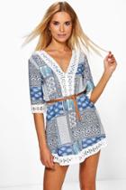 Boohoo Brigitte Printed Lace Trim Dress With Belt Blue