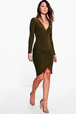 Boohoo Di Slinky Long Sleeved Ruched Bodycon Dress